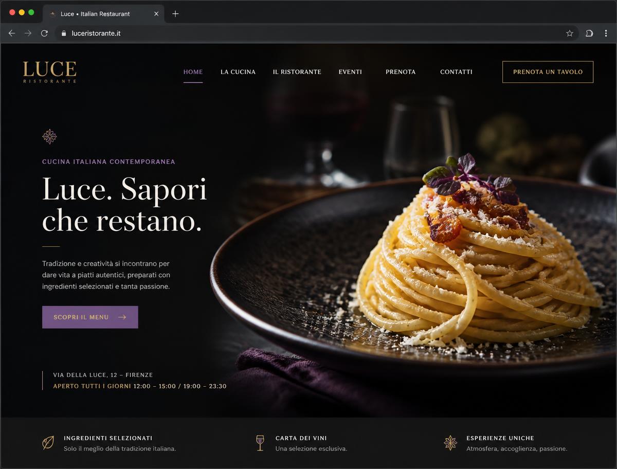 Esempio di sito web moderno ed elegante realizzato da Vortexa Digitale per un ristorante